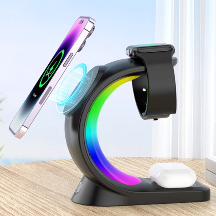 T17 3-in-1 RGB Atmosphere Light MagSafe Phone Watch Earphone Wireless Charger, Color: Black with  UK Plug - Wireless Charger by buy2fix | Online Shopping UK | buy2fix