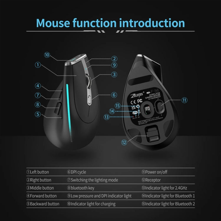 ZELOTES F36 9-Keys Vertical Grip Ergonomic Programming Dual Bluetooth + 2.4G Wireless Mouse(Black) - Wireless Mice by ZELOTES | Online Shopping UK | buy2fix