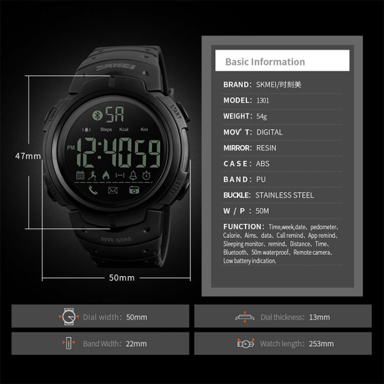 SKMEI 1301 Multifunction 50m Waterproof Sports Bluetooth Smart Watch, Compatible with Android & iOS System(Black) - Sport Watches by SKMEI | Online Shopping UK | buy2fix
