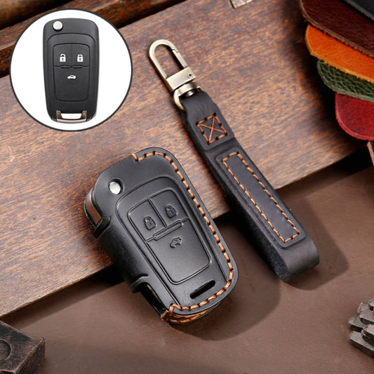 For Chevrolet Folding Hallmo Car Cowhide Leather Key Protective Cover Key Case(Black) - In Car by Hallmo | Online Shopping UK | buy2fix
