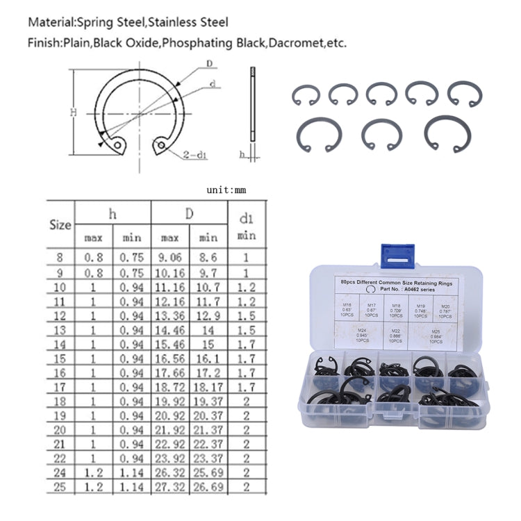 80 PCS Car C Shape Circlip Snap Ring Assortment Retaining Rings - In Car by buy2fix | Online Shopping UK | buy2fix