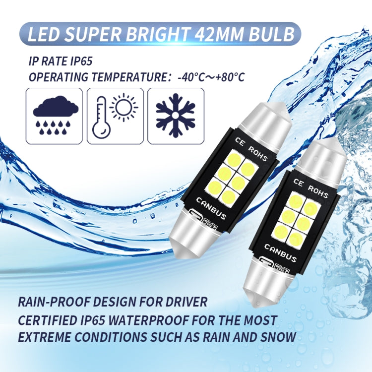 2 PCS 42mm DC12V-24V 3W 6000K 660LM 6LEDs SMD-3030 Car Reading Lamp / License Plate Light - In Car by buy2fix | Online Shopping UK | buy2fix