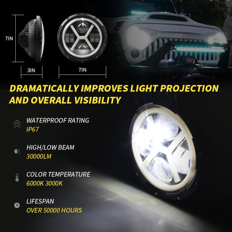7 inch H4 DC 9V-30V 6000LM 6000K/3000K 55W IP67 4LED Lamp Beads Car Round Shape X LED Headlight Lamps for Jeep Wrangler, with Angel Eye - In Car by buy2fix | Online Shopping UK | buy2fix