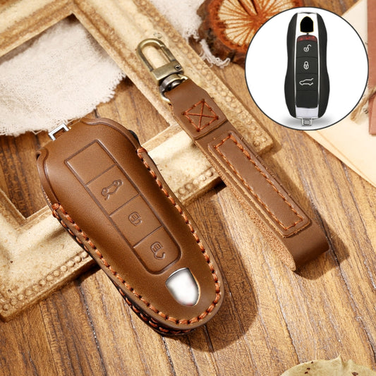 Hallmo Car Cowhide Leather Key Protective Cover Key Case for Porsche Macan 718 2021 A Style(Brown) - Car Key Cases by Hallmo | Online Shopping UK | buy2fix