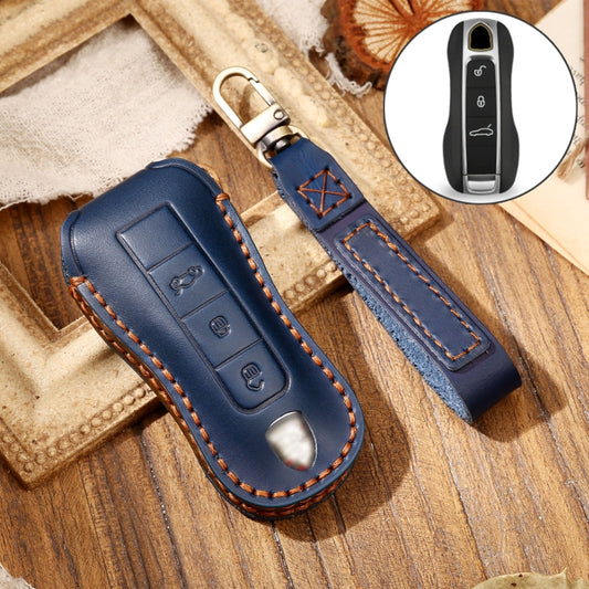 Hallmo Car Cowhide Leather Key Protective Cover Key Case for Porsche Macan 718 2021 B Style(Blue) - Car Key Cases by Hallmo | Online Shopping UK | buy2fix