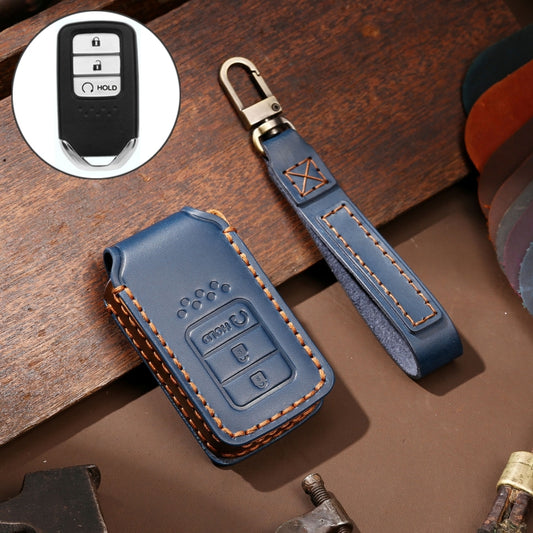 Hallmo Car Cowhide Leather Key Protective Cover Key Case for Honda 3-button Start(Blue) - Car Key Cases by Hallmo | Online Shopping UK | buy2fix