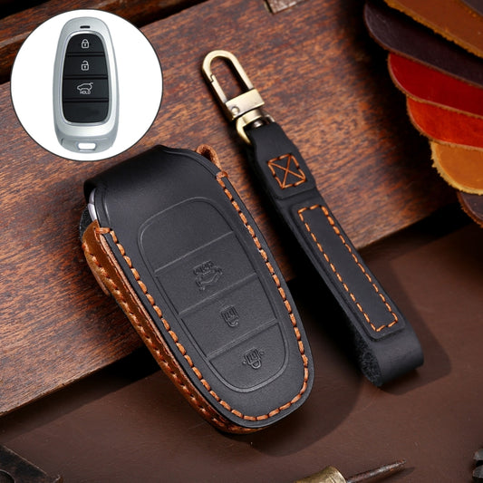 Hallmo Car Cowhide Leather Key Protective Cover Key Case for Hyundai 3-button(Black) - Car Key Cases by Hallmo | Online Shopping UK | buy2fix