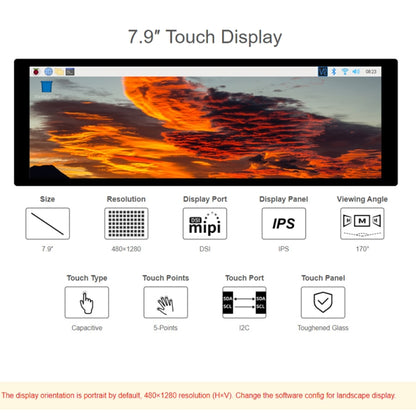 WAVESHARE 7.9 inch Capacitive Touch Display For Raspberry Pi, 400 x 1280, IPS, DSI Interface - Consumer Electronics by WAVESHARE | Online Shopping UK | buy2fix