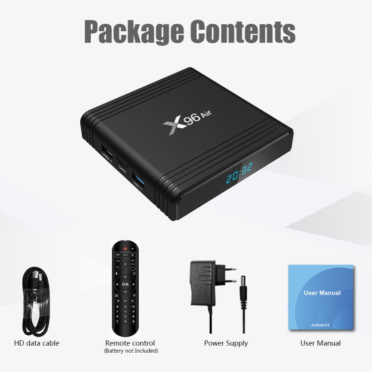 X96 Air 8K Smart TV BOX Android 9.0 Media Player with Remote Control, Quad-core Amlogic S905X3, RAM: 4GB, ROM: 64GB, Dual Band WiFi, Bluetooth, EU Plug - Consumer Electronics by buy2fix | Online Shopping UK | buy2fix