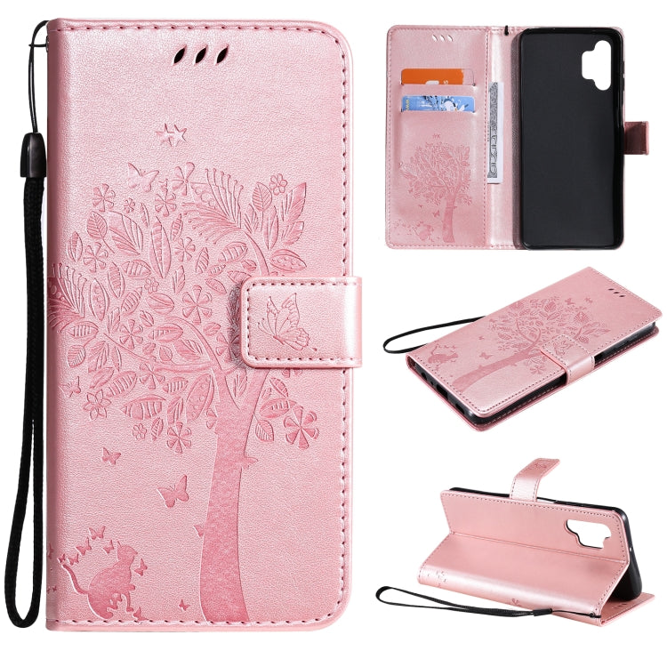 For Samsung Galaxy A32 5G Tree & Cat Pattern Pressed Printing Horizontal Flip PU Leather Case with Holder & Card Slots & Wallet & Lanyard(Rose gold) - Galaxy Phone Cases by imak | Online Shopping UK | buy2fix