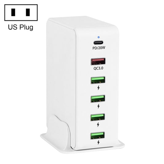 6 in 1 65W PD USB-C / Type-C + QC 3.0 USB + 4 USB Multi-port Travel Charger, US Plug(White) - Mobile Accessories by buy2fix | Online Shopping UK | buy2fix