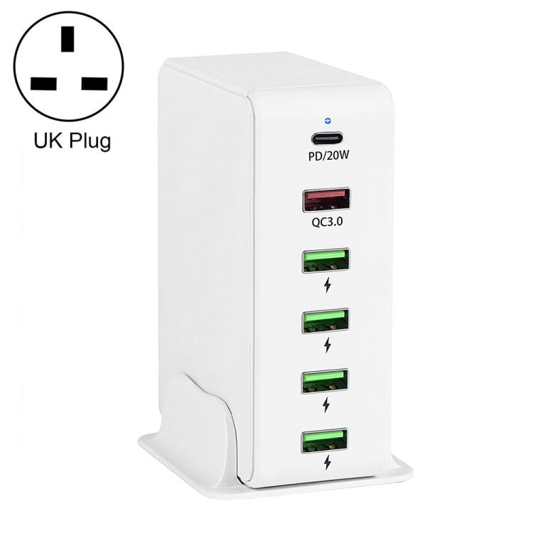 6 in 1 65W PD USB-C / Type-C + QC 3.0 USB + 4 USB Multi-port Travel Charger, UK Plug(White) - Mobile Accessories by buy2fix | Online Shopping UK | buy2fix