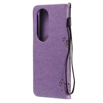 For Huawei P50 Pro Tree & Cat Pattern Pressed Printing Horizontal Flip PU Leather Case with Holder & Card Slots & Wallet & Lanyard(Light Purple) - Huawei Cases by buy2fix | Online Shopping UK | buy2fix