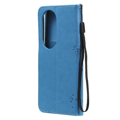 For Huawei P50 Pro Tree & Cat Pattern Pressed Printing Horizontal Flip PU Leather Case with Holder & Card Slots & Wallet & Lanyard(Blue) - Huawei Cases by buy2fix | Online Shopping UK | buy2fix