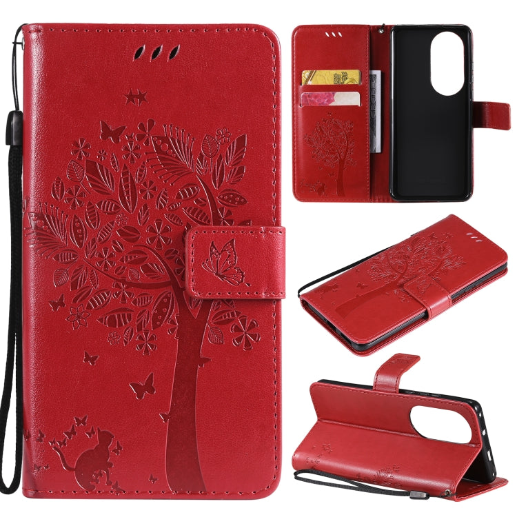 For Huawei P50 Pro Tree & Cat Pattern Pressed Printing Horizontal Flip PU Leather Case with Holder & Card Slots & Wallet & Lanyard(Red) - Huawei Cases by buy2fix | Online Shopping UK | buy2fix