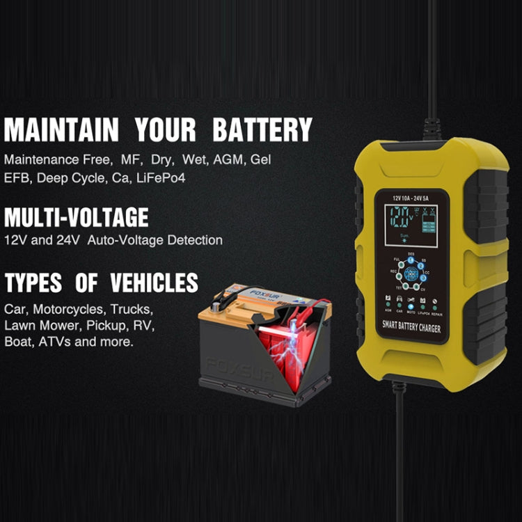 FOXSUR 10A 12V 7-segment Motorcycle / Car Smart Battery Charger, Plug Type:EU Plug(Yellow) - Battery Charger by FOXSUR | Online Shopping UK | buy2fix