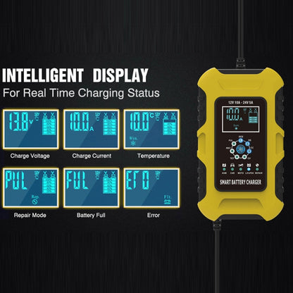 FOXSUR 10A 12V 7-segment Motorcycle / Car Smart Battery Charger, Plug Type:EU Plug(Yellow) - Battery Charger by FOXSUR | Online Shopping UK | buy2fix