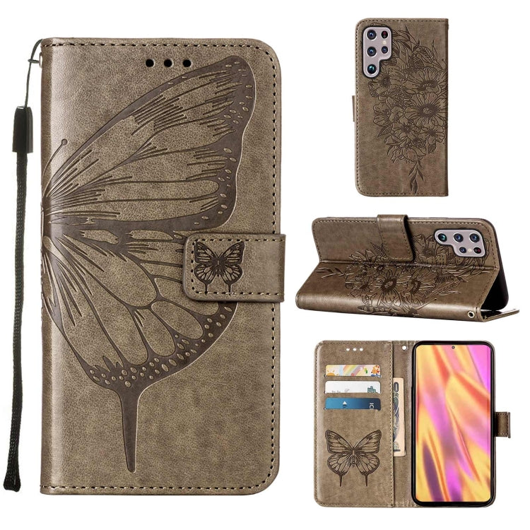 For Samsung Galaxy S22 Ultra 5G Embossed Butterfly Leather Phone Case with Holder & Card Slot & Wallet & Lanyard(Grey) - Samsung Accessories by buy2fix | Online Shopping UK | buy2fix