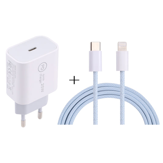 SDC-20W PD USB-C / Type-C Travel Charger + 1m 20W USB-C / Type-C to 8 Pin Data Cable Set, EU Plug(Blue) - Mobile Accessories by buy2fix | Online Shopping UK | buy2fix