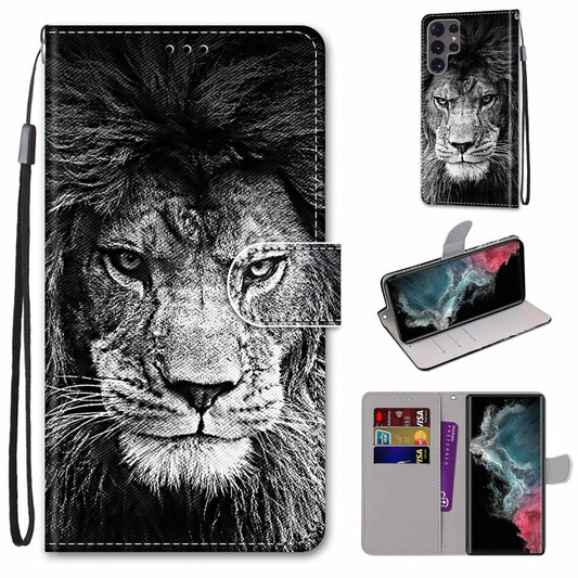 For Samsung Galaxy S22 Ultra 5G Coloured Drawing Cross Texture Horizontal Flip PU Phone Leather Case with Holder & Card Slots & Wallet & Lanyard(Colorful Layer(Black and White Lion Head) - Samsung Accessories by buy2fix | Online Shopping UK | buy2fix