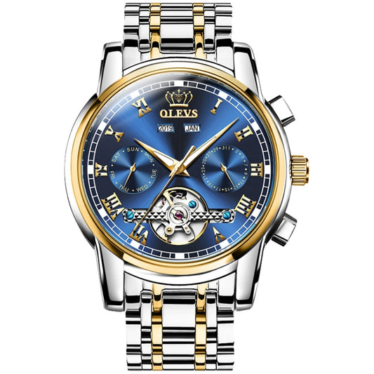 OLEVS 6607 Multi-function Men Big Flywheel Automatic Waterproof Mechanical Watch(Silver Gold Blue) - Metal Strap Watches by OLEVS | Online Shopping UK | buy2fix