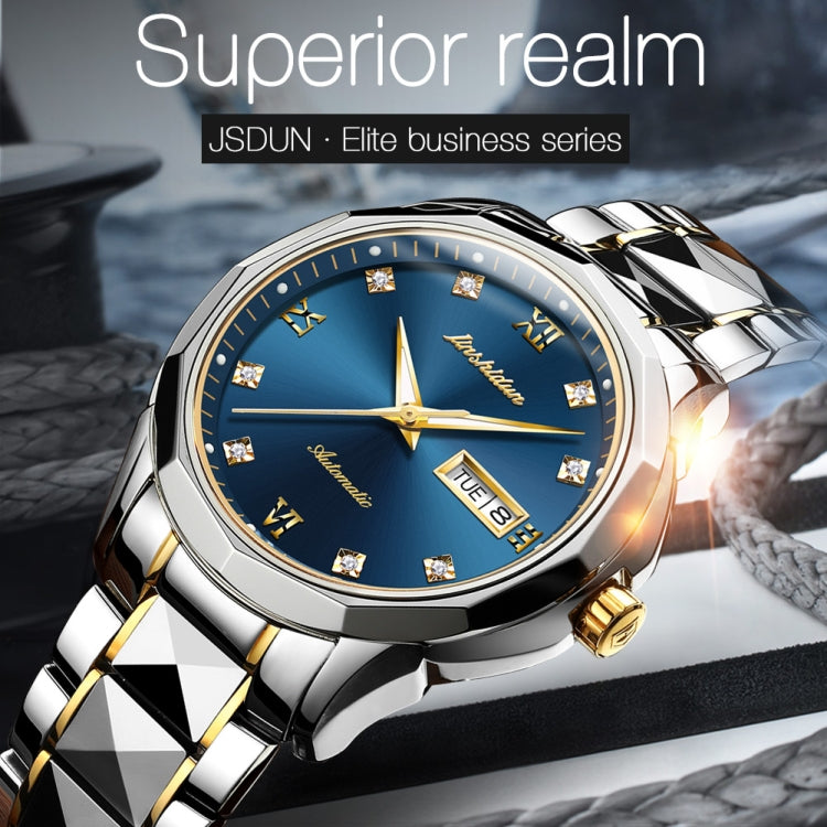 JIN SHI DUN 8813 Fashion Waterproof Luminous Automatic Mechanical Watch, Style:Men(Silver Gold Blue) - Metal Strap Watches by JIN SHI DUN | Online Shopping UK | buy2fix