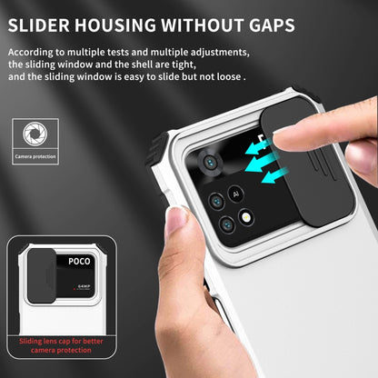 For Xiaomi Poco M4 Pro 4G Stereoscopic Holder Sliding Camshield Phone Case(White) - Xiaomi Cases by buy2fix | Online Shopping UK | buy2fix