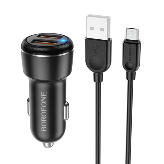 Borofone BZ17 Dual USB Ports QC3.0 Car Charger with Micro USB Charging Cable(Black) - In Car by Borofone | Online Shopping UK | buy2fix