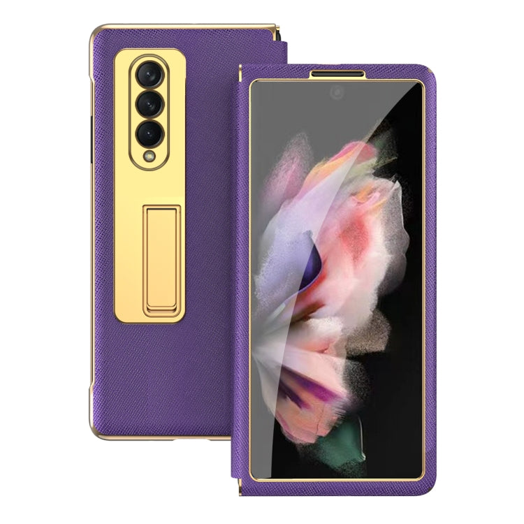 For Samsung Galaxy Z Fold4 Cross Texture Integrated Electroplating Hinge Flip Phone Case with Tempered Film(Purple) - Galaxy Z Fold4 5G Cases by buy2fix | Online Shopping UK | buy2fix