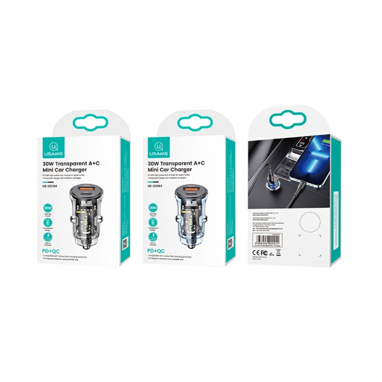 USAMS US-CC164 C32 30W Transparent Dual Port Mini Car Charger(Blue) - In Car by USAMS | Online Shopping UK | buy2fix