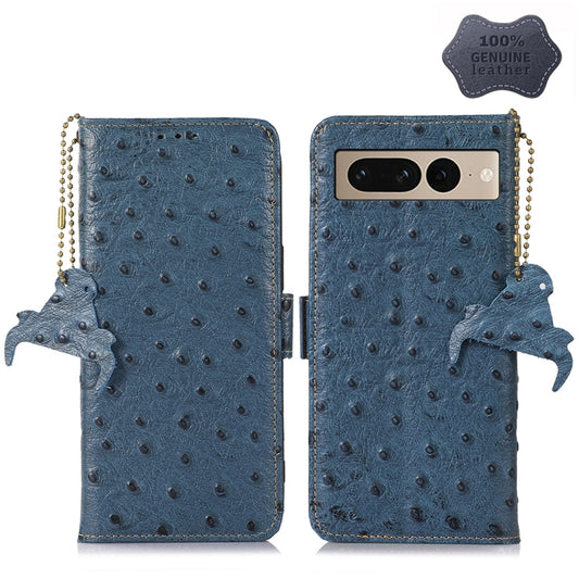 For Google Pixel 7 Ostrich Pattern Genuine Leather RFID Phone Case(Blue) - Google Cases by buy2fix | Online Shopping UK | buy2fix