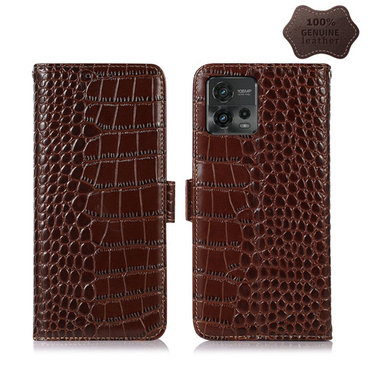 For Motorola Moto G72 Magnetic Crocodile Texture Genuine Leather RFID Phone Case(Brown) - Motorola Cases by buy2fix | Online Shopping UK | buy2fix