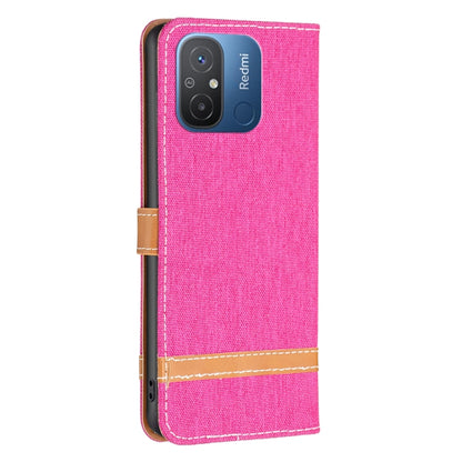 For Xiaomi Redmi 12C Color Block Denim Texture Leather Phone Case(Rose Red) - Xiaomi Cases by buy2fix | Online Shopping UK | buy2fix