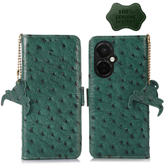 For OnePlus Nord CE 3 Lite Ostrich Pattern Genuine Leather RFID Phone Case(Green) - OnePlus Cases by buy2fix | Online Shopping UK | buy2fix
