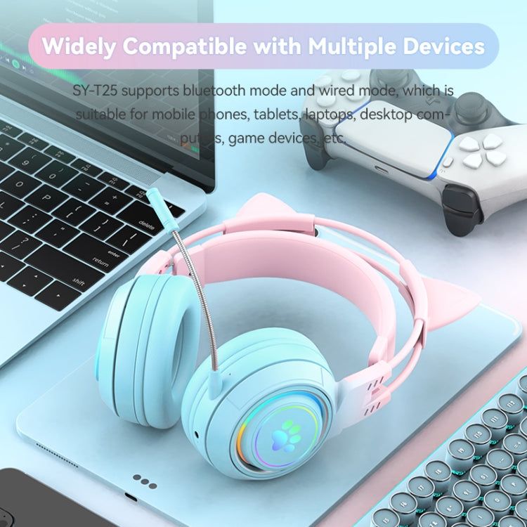 T25 RGB Stereo Cat Ear Bluetooth Wireless Headphones with Detachable Microphone(Blue) - Apple Accessories by buy2fix | Online Shopping UK | buy2fix