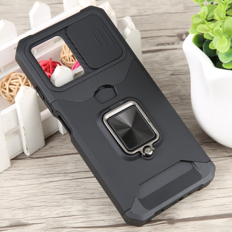 For Xiaomi Redmi Note 12 5G / Poco X5 Camera Shield Card Slot Phone Case with Ring Holder(Black) - Note 12 Cases by buy2fix | Online Shopping UK | buy2fix