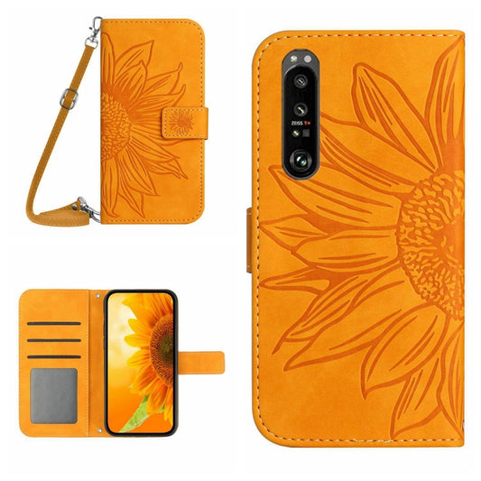 For Sony Xperia 1 V HT04 Skin Feel Sun Flower Embossed Flip Leather Phone Case with Lanyard(Yellow) - Sony Cases by buy2fix | Online Shopping UK | buy2fix
