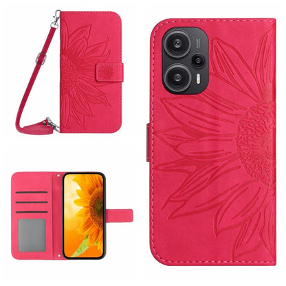 For Xiaomi Poco F5 Skin Feel Sun Flower Embossed Flip Leather Phone Case with Lanyard(Rose Red) - Xiaomi Cases by buy2fix | Online Shopping UK | buy2fix