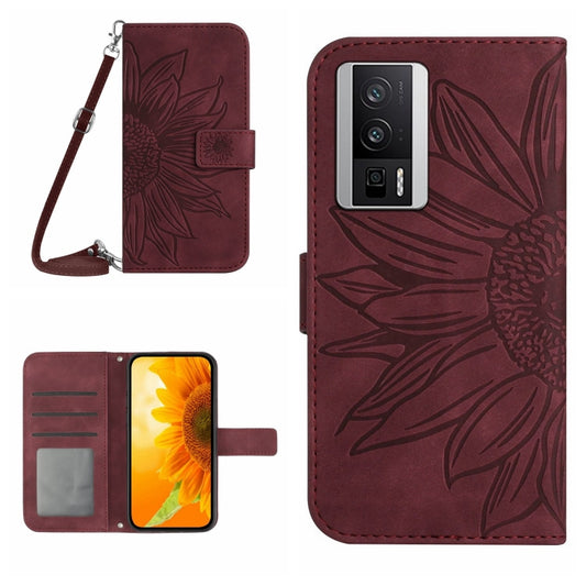 For Xiaomi Poco F5 Pro Skin Feel Sun Flower Embossed Flip Leather Phone Case with Lanyard(Wine Red) - Xiaomi Cases by buy2fix | Online Shopping UK | buy2fix