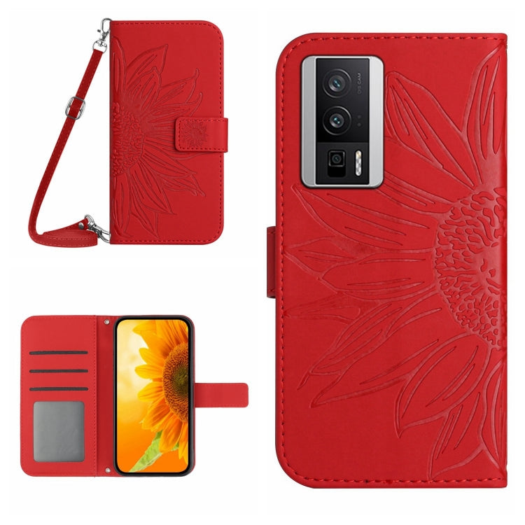 For Xiaomi Poco F5 Pro Skin Feel Sun Flower Embossed Flip Leather Phone Case with Lanyard(Red) - Xiaomi Cases by buy2fix | Online Shopping UK | buy2fix