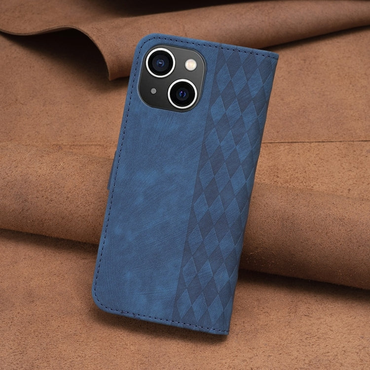 For iPhone 14 Plaid Embossed Leather Phone Case(Blue) - iPhone 14 Cases by buy2fix | Online Shopping UK | buy2fix