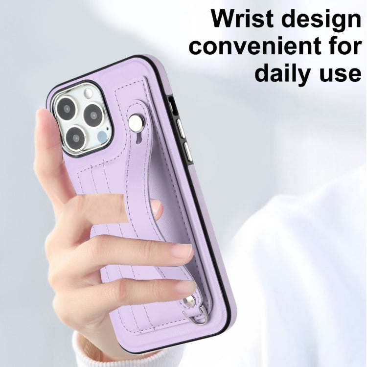 For iPhone 14 Pro Max Shockproof Leather Phone Case with Wrist Strap(Purple) - iPhone 14 Pro Max Cases by buy2fix | Online Shopping UK | buy2fix