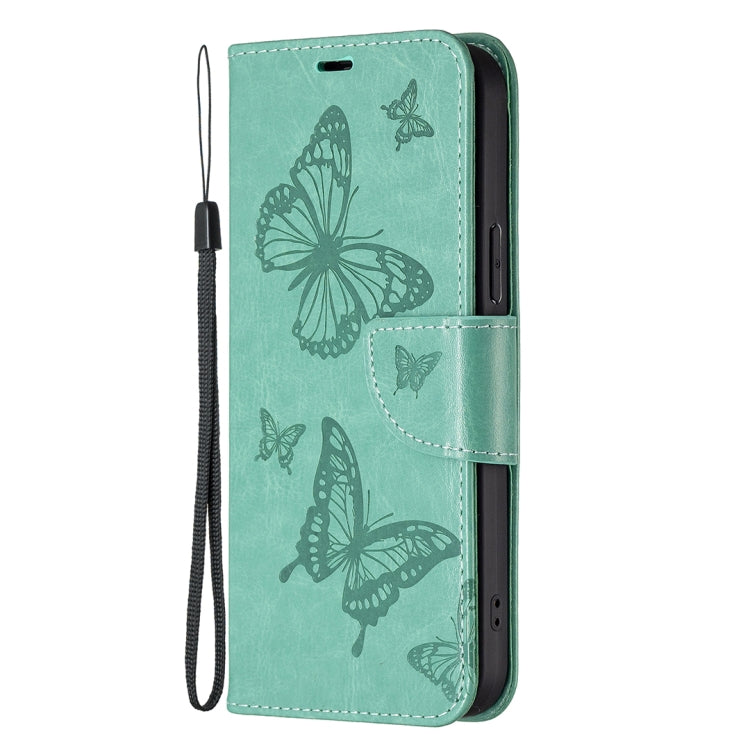 For Xiaomi Poco F5 5G / Redmi Note 12 Turbo Two Butterflies Embossing Leather Phone Case(Green) - Xiaomi Cases by buy2fix | Online Shopping UK | buy2fix