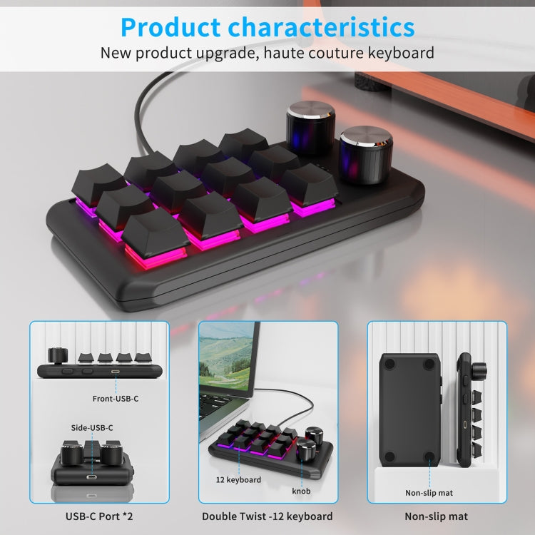 USB Wired 12KV2 MOLD Mini Mechanical 12 Keys 2 Knob Custom Programming Keyboard(Black) - Mini Keyboard by buy2fix | Online Shopping UK | buy2fix