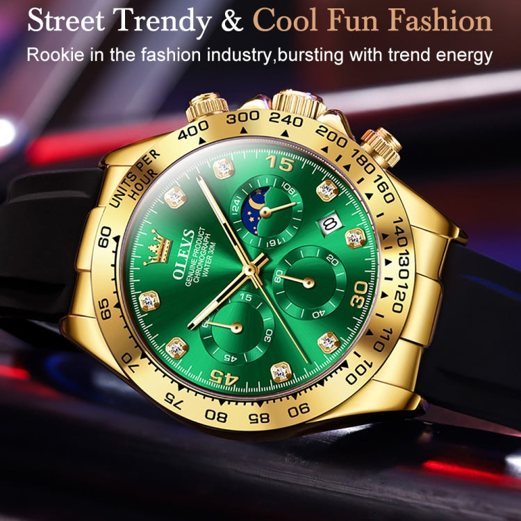 OLEVS 2875 Men Multifunctional Sports Chronograph Waterproof Quartz Watch(Green + Gold) - Silicone Strap Watches by OLEVS | Online Shopping UK | buy2fix