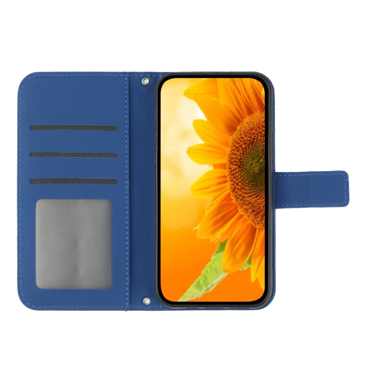 For iPhone 15 Plus Skin Feel Sun Flower Embossed Flip Leather Phone Case with Lanyard(Dark Blue) - iPhone 15 Plus Cases by buy2fix | Online Shopping UK | buy2fix