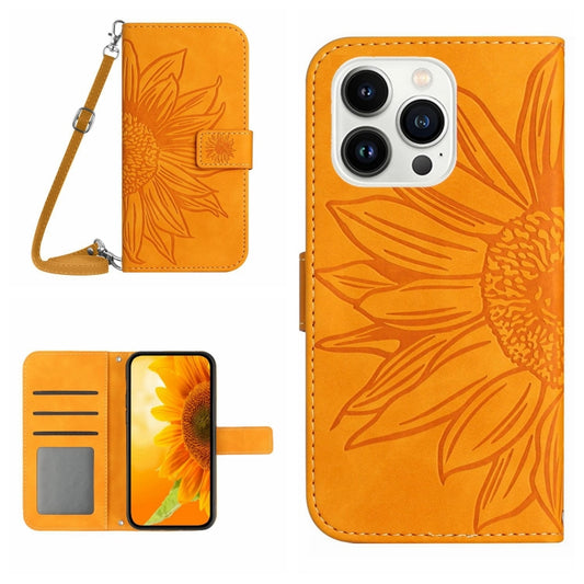 For iPhone 15 Pro Skin Feel Sun Flower Embossed Flip Leather Phone Case with Lanyard(Yellow) - iPhone 15 Pro Cases by buy2fix | Online Shopping UK | buy2fix