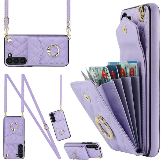 For Samsung Galaxy S23+ 5G Rhombic Texture Card Bag Phone Case with Long Lanyard(Light Purple) - Galaxy S23+ 5G Cases by buy2fix | Online Shopping UK | buy2fix