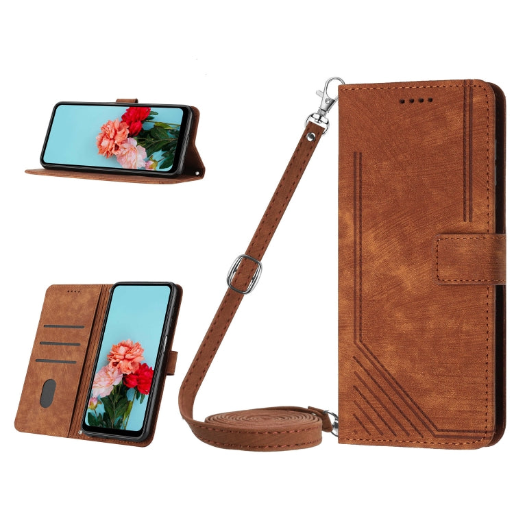 For Infinix Hot 30 Play NFC Skin Feel Stripe Pattern Leather Phone Case with Lanyard(Brown) - Infinix Cases by buy2fix | Online Shopping UK | buy2fix