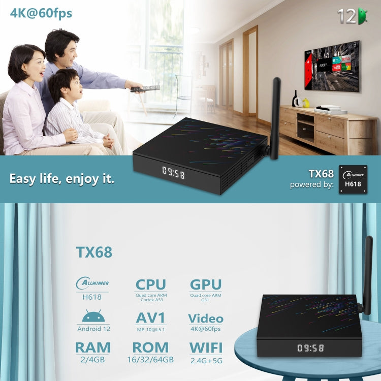 H618-TX68 Android 12.0 Allwinner H618 Quad Core Smart TV Box, Memory:4GB+64GB(EU Plug) - Allwinner H6 by buy2fix | Online Shopping UK | buy2fix